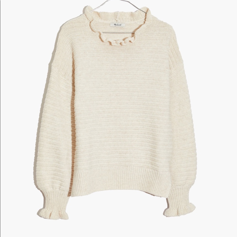 Ruffle-Neck Pullover Sweater in Cotton-Merino Yarn